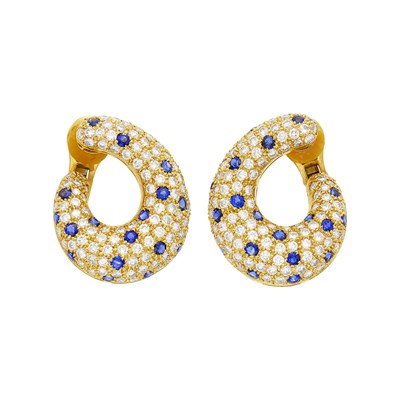 Lot 29 - Pair of Gold, Diamond and Sapphire Bombé Hoop Earclips
