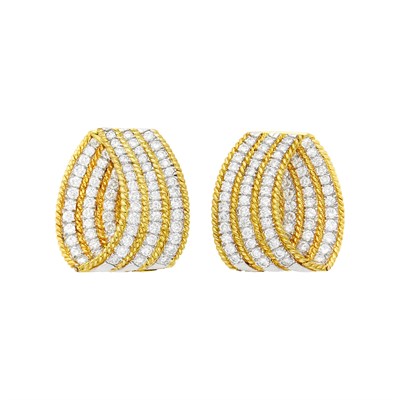 Lot 115 - Pair of Two-Color Gold and Diamond Hoop Earrings