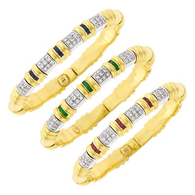 Lot 33 - Three Two-Color Gold, Diamond and Gem-Set Bracelets