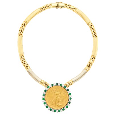 Lot 1029 - Two-Color Gold, Gold Coin, Emerald and Diamond Pendant-Necklace