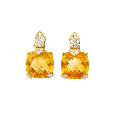 Lot 1054 - Pair of Gold, Citrine and Diamond Earrings