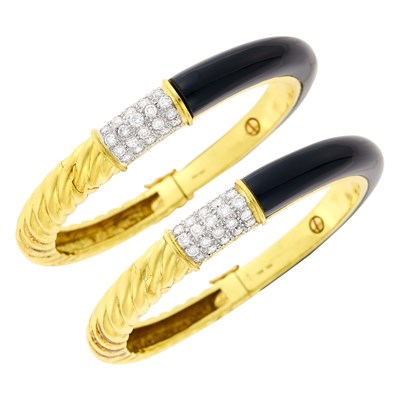 Lot 103 - Pair of Fluted Gold, White Gold, Black Onyx and Diamond Bangle Bracelets