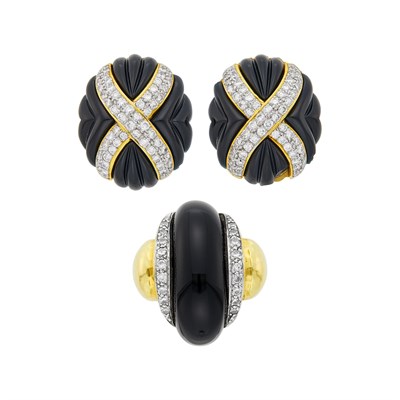 Lot 124 - Pair of Two-Color Gold, Carved Black Onyx and Diamond Earclips and Ring