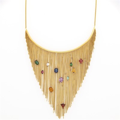 Lot 1074 - Gold, Colored Stone and Simulated Diamond Fringe Necklace