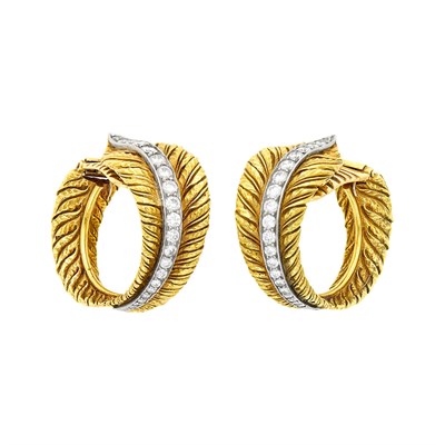Lot 117 - Pair of Gold, Platinum and Diamond Leaf Hoop Earclips