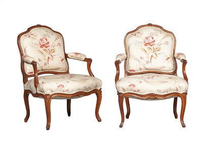 Lot 194 - Pair of Louis XV Upholstered Carved Fruitwood Fauteuils