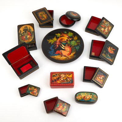 Lot 140 - Group of Twelve Soviet Lacquered Papier Mâché Covered Boxes with Dish