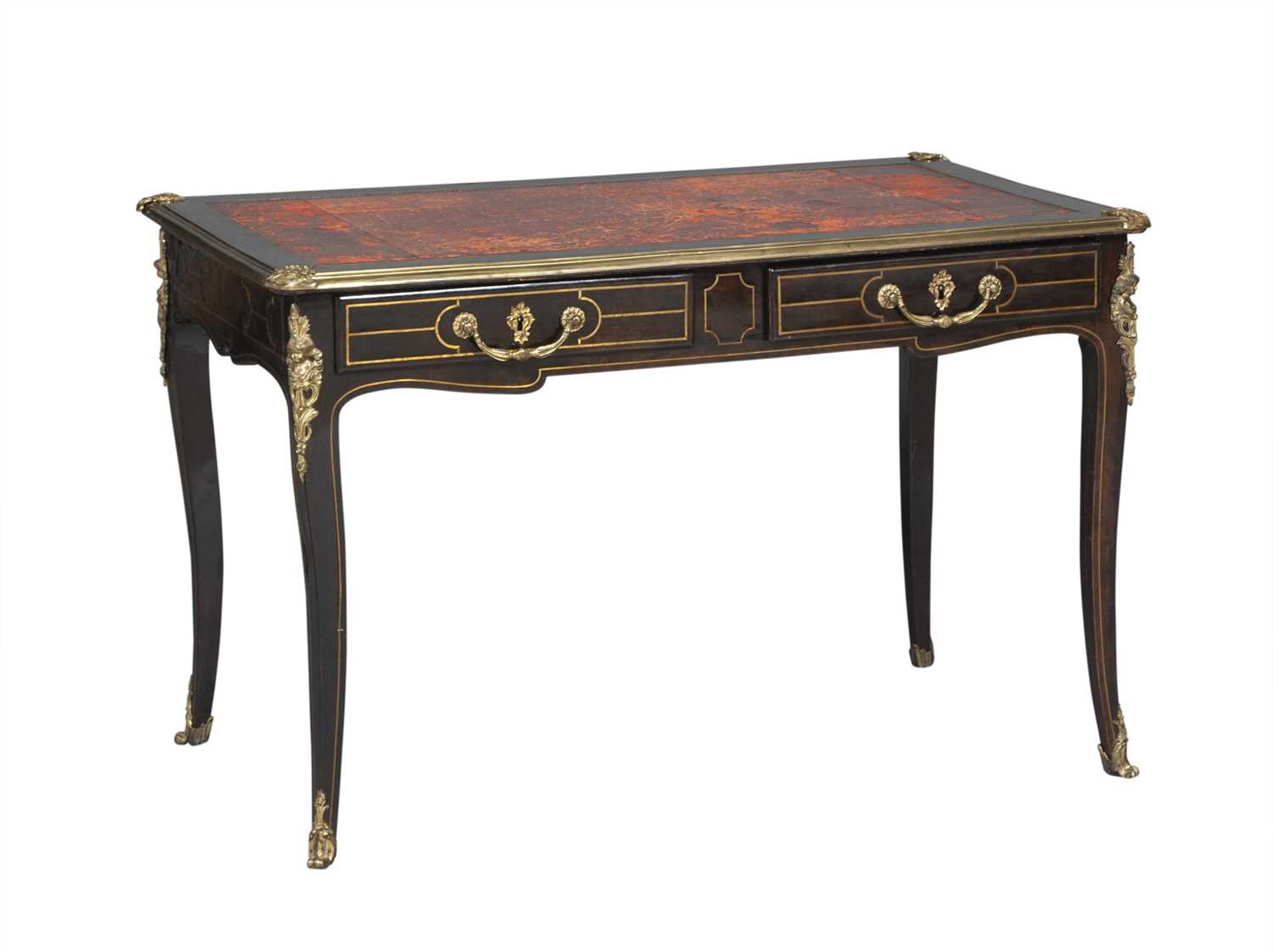 Lot 685 - Louis XV Ormolu-Mounted and Brass-Inlaid Ebonized Bureau Plat