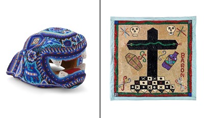Lot 62 - Haitian Sequined Voodoo Banner Flag Together With a Mexican Carved and Beaded Wood Jaguar Head