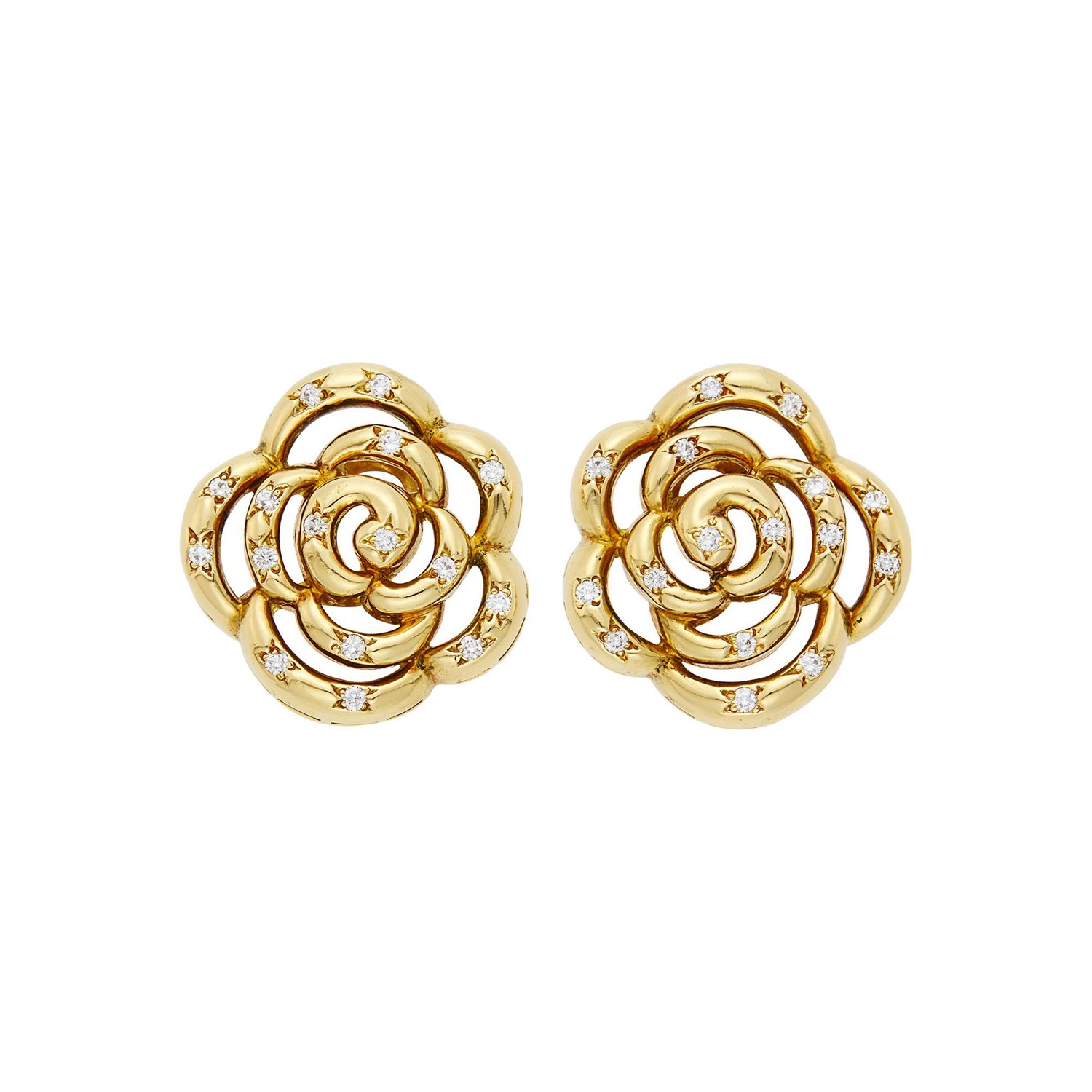 Lot 18 - Van Cleef & Arpels Pair of Gold and Diamond 'Camellia' Earclips