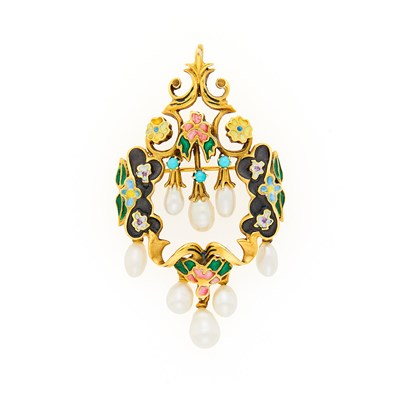 Lot 1084 - Gold, Enamel, Freshwater Pearl and Turquoise Pendant-Brooch