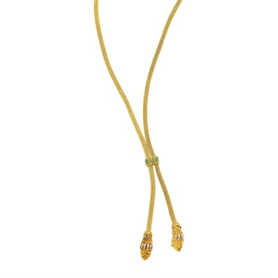 Lot 25 - Ilias Lalaounis Long Two-Color Gold, Emerald, Sapphire and Diamond Slide Lariat Chimera Necklace