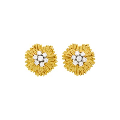 Lot 178 - Tiffany & Co. Pair of Gold and Diamond Flower Earclips