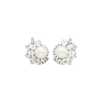 Lot 37 - Pair of White Gold, Cultured Pearl and Diamond Earclips