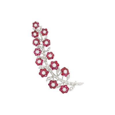 Lot 53 - White Gold, Ruby and Diamond Spinning Floret Brooch