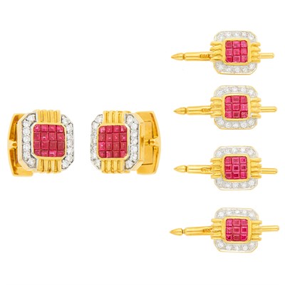 Lot 1218 - Two-Color Gold, Invisibly-Set Ruby and Diamond Dress Set