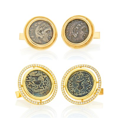 Lot 1213 - Pair of Gold, Bronze Coin and Diamond Cufflinks and Gold and Coin Cufflinks