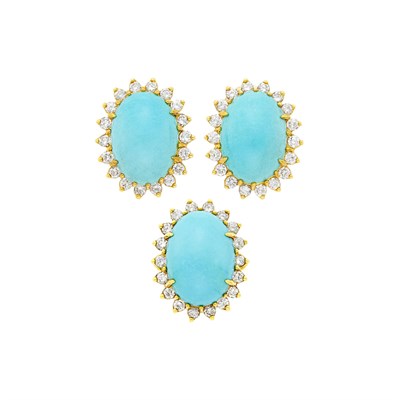 Lot 7 - Pair of Gold, Turquoise and Diamond Earrings and Ring