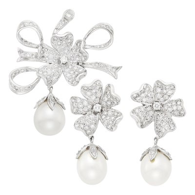 Lot 32 - Pair of White Gold, Diamond and South Sea Cultured Pearl Flower Pendant-Earrings and Brooch