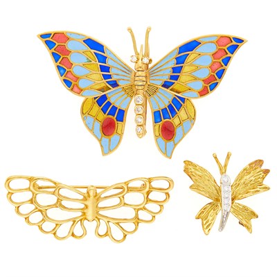 Lot 1007 - Gold, Plique-à-Jour Enamel and Diamond Butterfly Brooch, Angela Cummings Gold Brooch and Tiffany & Co. Gold and Diamond Brooch