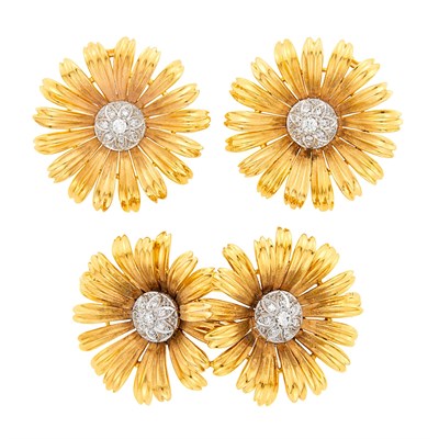 Lot 1024 - Two-Color Gold and Diamond Daisy Brooch and Pair of Earclips