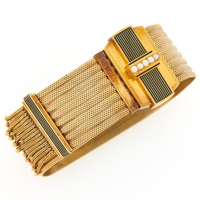 Lot 1189 - Antique Gold, Black Enamel and Split Pearl Slide Fringe Bracelet