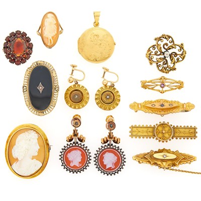 Lot 1177 - Group of Antique and Period Gold, Low Karat Gold, Silver, Gold-Filled, Shell, Hardstone, Garnet and Diamond Jewelry