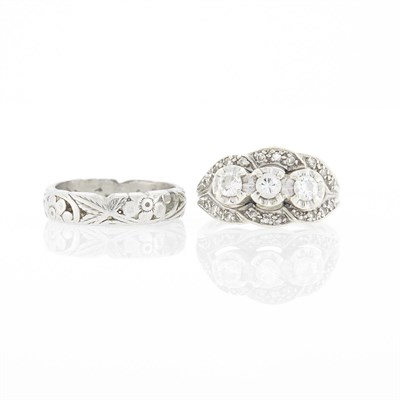 Lot 1173 - White Gold-Plated Palladium and Diamond Ring and Platinum Band Ring
