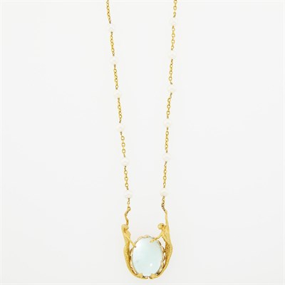 Lot 1068 - Onofrio D'Oro Gold, Cabochon Aquamarine and Cultured Pearl Mermaid Pendant-Necklace