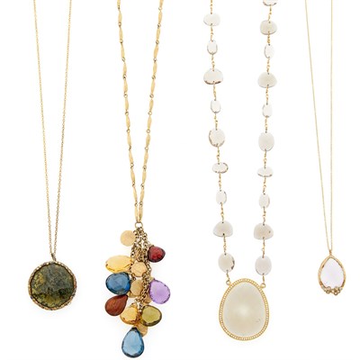 Lot 1038 - Four Gold, Gilt-Metal, Gem-Set, Hardstone and Diamond Pendant-Necklaces