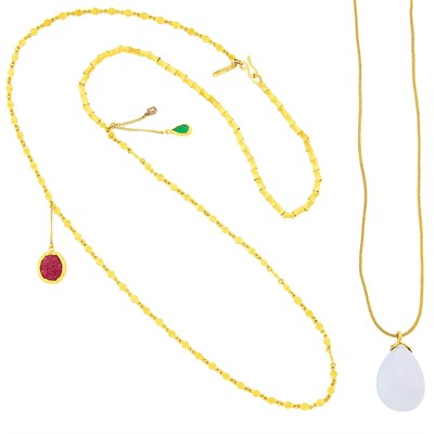 Lot 1053 - Boaz Kashi Long High Karat Gold, Gem-Set and Colored Diamond Necklace and Chalcedony Pendant with Gold Chain Necklace