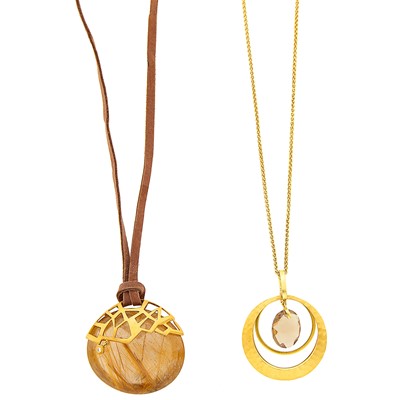 Lot 1118 - Two Gold, Smoky and Rutilated Quartz and Diamond Pendants with Chain and Cord Necklaces