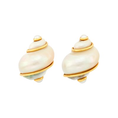 Lot 1069 - Seaman Schepps Pair of Gold, Shell and Split Pearl 'Turbo Shell' Earclips