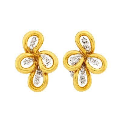 Lot 1094 - Pair of Two-Color Gold and Diamond Flower Earclips