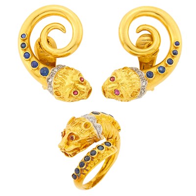 Lot 1001 - Ilias Lalaounis Pair of Two-Color Gold, Sapphire and Diamond Chimera Earclips and Zolotas Ring