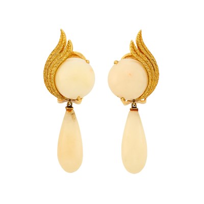 Lot 1220 - Pair of Gold and White Coral Pendant-Earclips