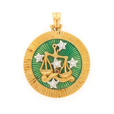 Lot 1016 - Two-Color Gold, Green Enamel and Diamond Libra Pendant