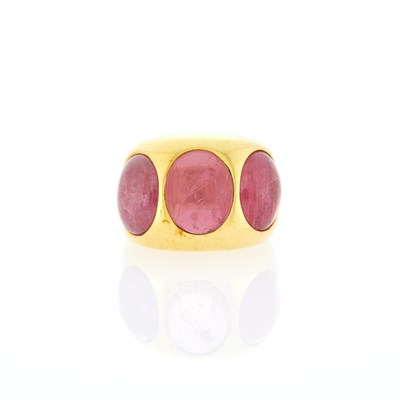 Lot 1030 - Wide Gold and Cabochon Pink Tourmaline Gypsy Ring
