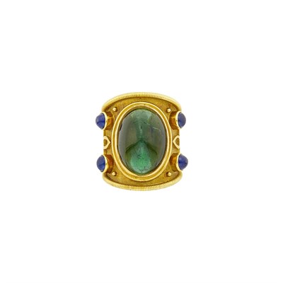 Lot 81 - Elizabeth Gage Wide Gold, Cabochon Tourmaline and Sapphire Band Ring