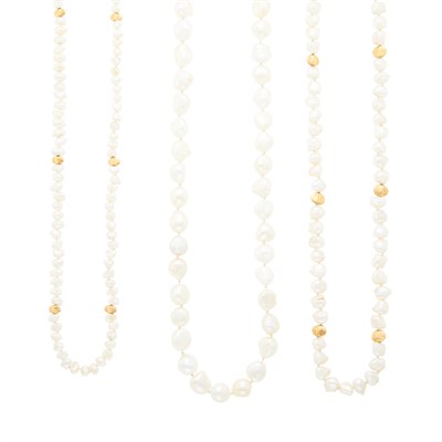 Lot 1029 - Two Gold and Baroque Freshwater Pearl Necklaces and Long Freshwater Pearl Strand