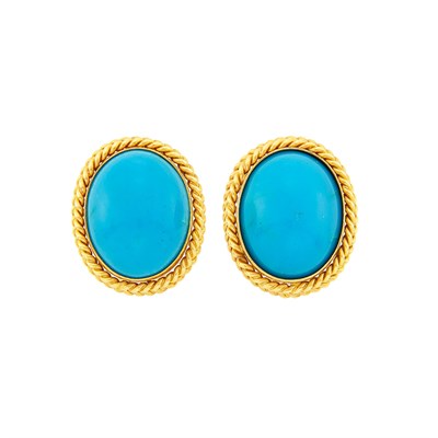 Lot 1193 - Pair of Gold and Simulated Turquoise Earclips