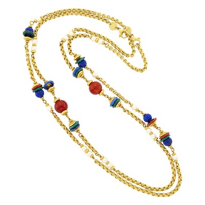 Lot 15 - Pair of Long Gold, Fluted Carnelian and Lapis Bead, Hardstone Circle Link and Cultured Pearl Chain Necklaces