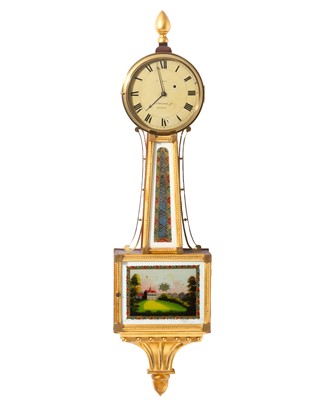 Lot 647 - Federal Mahogany, Giltwood and Eglomise Banjo Timepiece