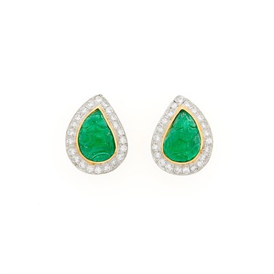 Lot 1036 - Pair of Gold, Carved Emerald and Diamond Earrings
