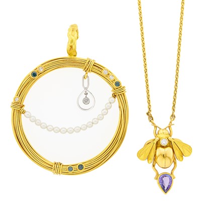 Lot 1126 - Gold, Iolite and Diamond Bee Pendant-Necklace and Circle Pendant