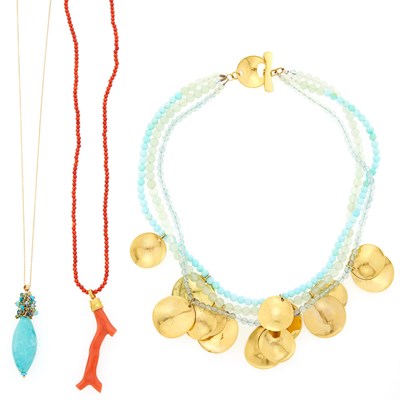 Lot 1026 - Gold, Turquoise and Gem-Set Bead Pendant-Necklace, Triple Strand Bead and Gold Necklace and Long Coral Bead Necklace
