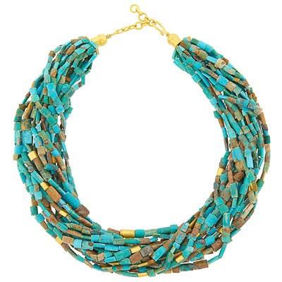 Lot 1034 - Fifteen Strand Turquoise Bead and High Karat Gold Necklace
