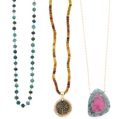Lot 1059 - Two Multicolored Tourmaline Bead Necklace and Bicolor Tourmaline Pendant with Chain Necklace