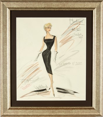 Lot 5109 - A signed costume design for a dress worn by Tippi Hedren in promoting Hitchcock's The Birds