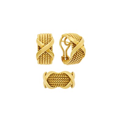 Lot 118 - Tiffany & Co., Schlumberger Pair of Gold 'Six Row Rope Twist X' Half-Hoop Earrings and Band Ring